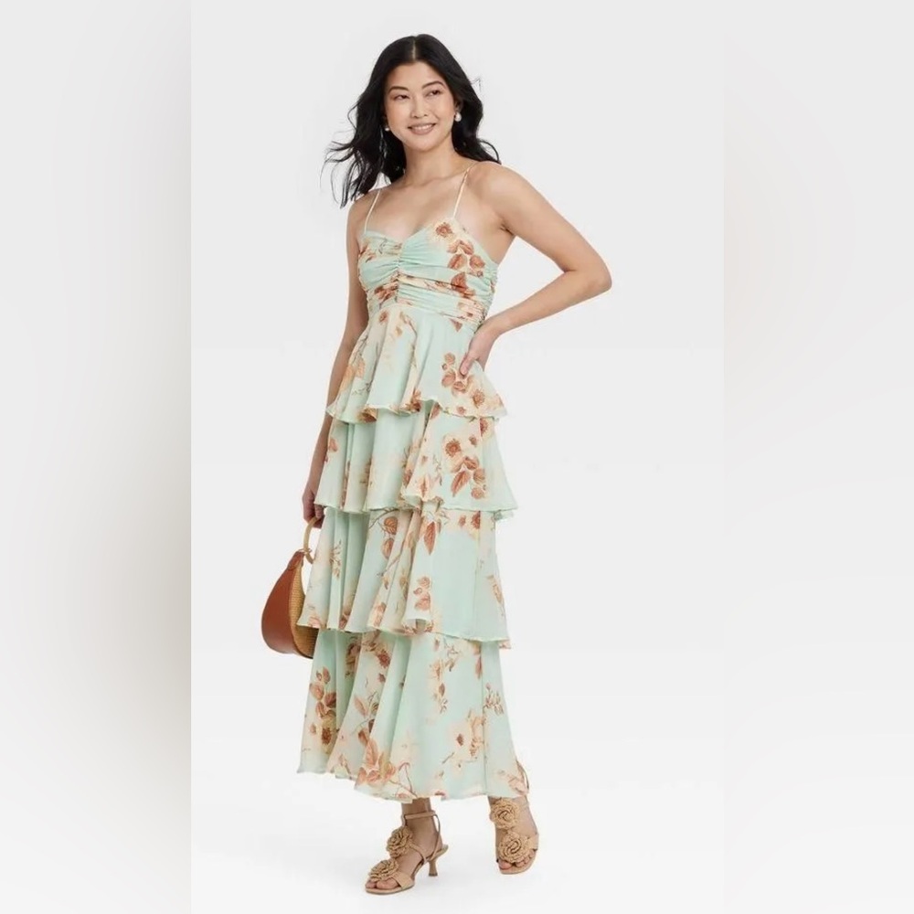 A New Day Floral Tiered Maxi Dress Mint Green XXL Smocked Back